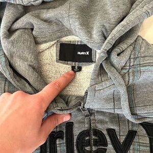 Hurley Gray Plaid Sherpa Zip Hoodie with Teal Accent